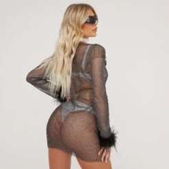EGO Long Sleeve Faux Feather Trim Mini Dress In Diamante Fishnet -Sperrryego Store 21 04 23 em87270 s
