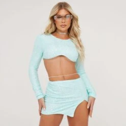 EGO Long Sleeve Curved Bust Detail Sequin Crop Top In Blue