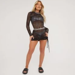 EGO Long Sleeve Ruched Side Detail Mini Bodycon Dress In Black Fishnet -Sperrryego Store 21 04 23 em88173 sq