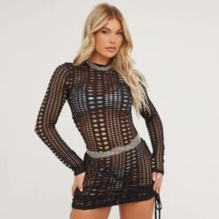 EGO Long Sleeve Ruched Side Detail Mini Bodycon Dress In Black Fishnet
