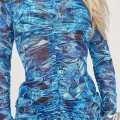 EGO Long Sleeve Ruched Front Detail Mini Bodycon Dress In Blue Printed Mesh -Sperrryego Store 21 04 23 em88298 s