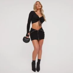 EGO High Waist Fold Over Zip Detail Mini Bodycon Skirt In Black Cable Knit