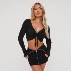 EGO High Waist Fold Over Zip Detail Mini Bodycon Skirt In Black Cable Knit -Sperrryego Store 21 12 22 em39013 copy