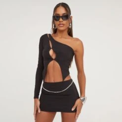 EGO One Sleeve Cut Out Detail Crop Top With Detachable Sleeve In Black Slinky
