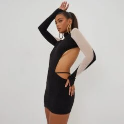 EGO High Neck Cut Out Mesh Panel Detail Mini Bodycon Dress In Black Slinky -Sperrryego Store 22 07 228274