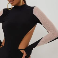 EGO High Neck Cut Out Mesh Panel Detail Mini Bodycon Dress In Black Slinky -Sperrryego Store 22 07 228278