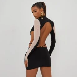 EGO High Neck Cut Out Mesh Panel Detail Mini Bodycon Dress In Black Slinky