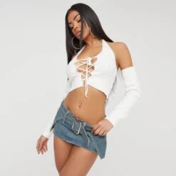 EGO Lace Up Detail Halterneck Crop Top With Sleeves In Cream Cable Knit