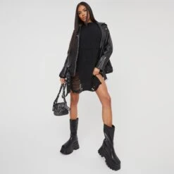 EGO Long Sleeve Distressed Detail Jumper Dress In Black Knit -Sperrryego Store 23 11 22 july28923 sq