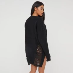EGO Long Sleeve Distressed Detail Jumper Dress In Black Knit -Sperrryego Store 23 11 22 july28933 sq
