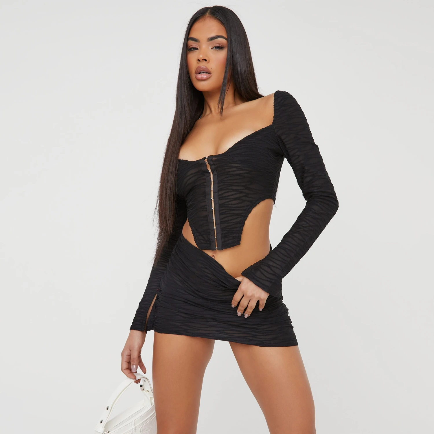 EGO Long Sleeve Hood And Eye Detail Corset Top In Black Textured Mesh 3 EGO Long Sleeve Hood And Eye Detail Corset Top In Black Textured Mesh