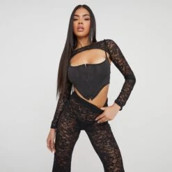 EGO Long Sleeve Hook And Eye Layered Corset Crop Top In Black Lace