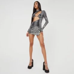 EGO High Neck Long Sleeve Cut Out Detail Side Split Mini Dress In Silver Sequin -Sperrryego Store 23 11 22 july29354 sq