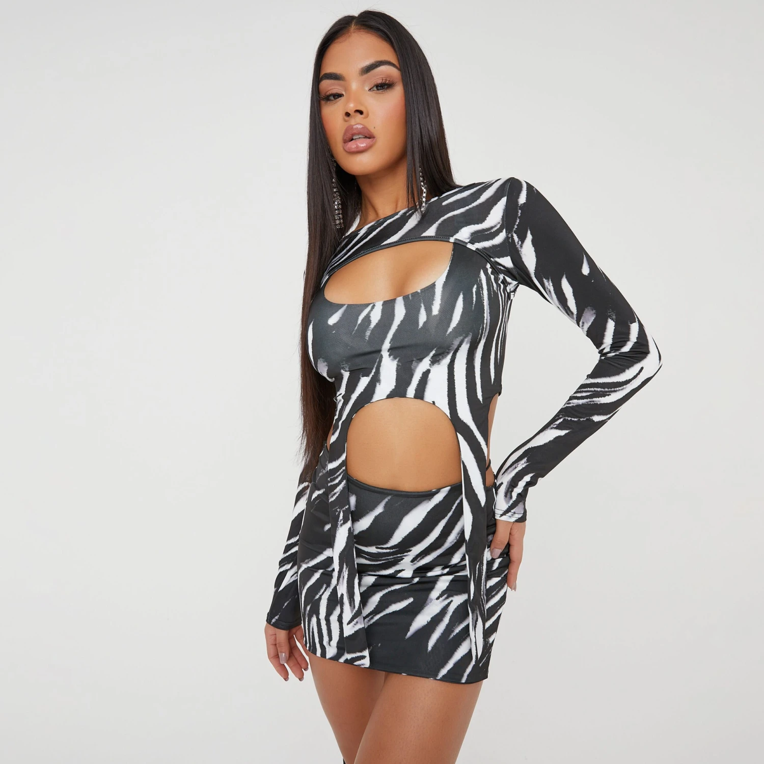 EGO Long Sleeve Double Layered Crop Top In Monochrome Printed Slinky 3 EGO Long Sleeve Double Layered Crop Top In Monochrome Printed Slinky