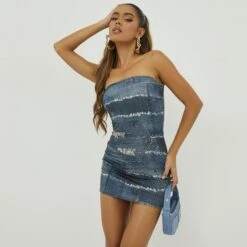 EGO Bandeau Mini Bodycon Dress In Denim Printed Slinky -Sperrryego Store 23 22 09 annabel3160 sq