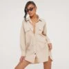 EGO Long Sleeve Button Front Oversized Parachute Shirt Dress In Stone -Sperrryego Store 24 01 23 jul49992 s