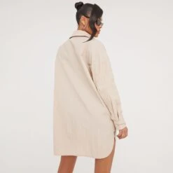 EGO Long Sleeve Button Front Oversized Parachute Shirt Dress In Stone -Sperrryego Store 24 01 23 jul49994 s