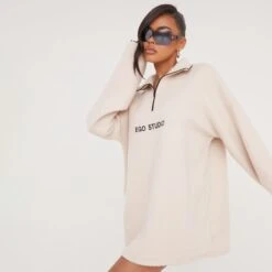 Long Sleeve Zip Front 'Ego Studio' Slogan Fleece Sweatshirt In Stone