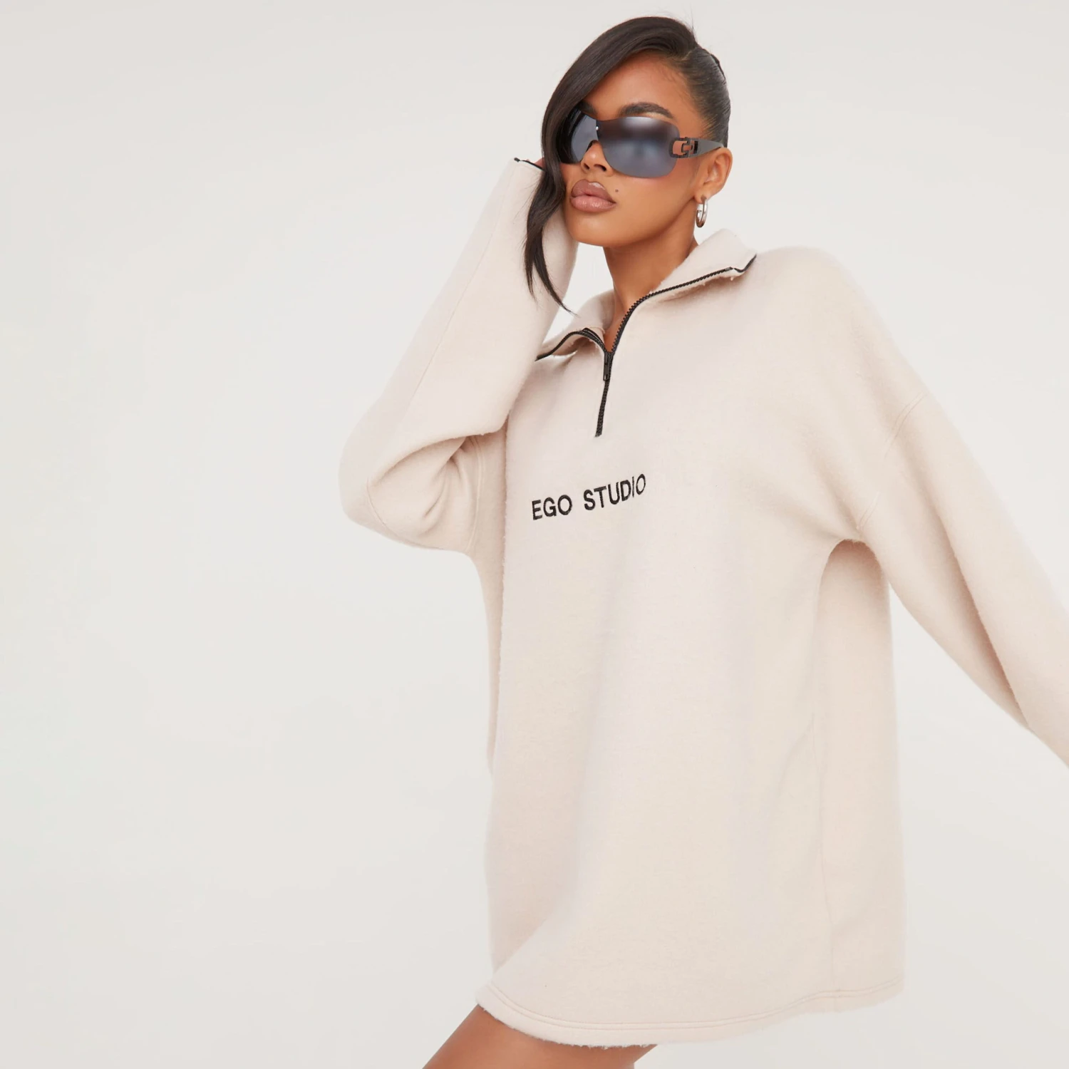 Long Sleeve Zip Front 'Ego Studio' Slogan Fleece Sweatshirt In Stone 3 Long Sleeve Zip Front 'Ego Studio' Slogan Fleece Sweatshirt In Stone