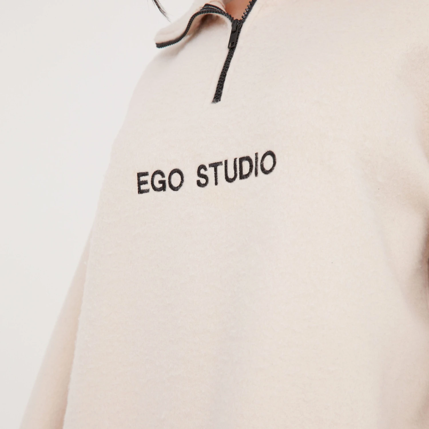 Long Sleeve Zip Front 'Ego Studio' Slogan Fleece Sweatshirt In Stone 4 Long Sleeve Zip Front 'Ego Studio' Slogan Fleece Sweatshirt In Stone - Image 2
