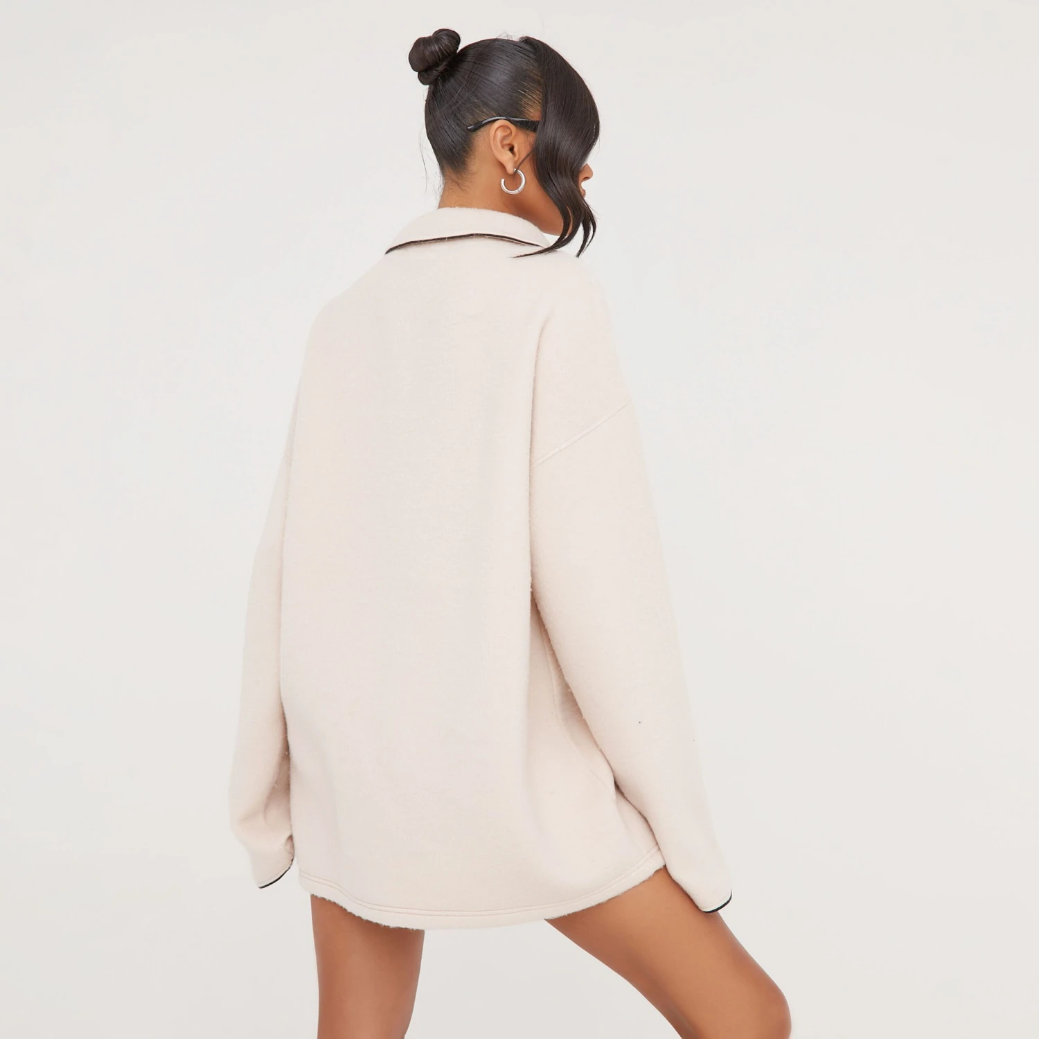 Long Sleeve Zip Front 'Ego Studio' Slogan Fleece Sweatshirt In Stone 5 Long Sleeve Zip Front 'Ego Studio' Slogan Fleece Sweatshirt In Stone - Image 3