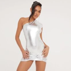 EGO One Shoulder Twisted Front Ruched Detail Dress In Silver Metallic