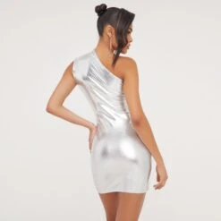 EGO One Shoulder Twisted Front Ruched Detail Dress In Silver Metallic -Sperrryego Store 24 01 23 jul50269 s