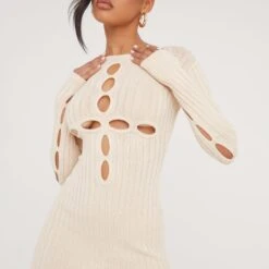 EGO Long Sleeve Cut Out Cross Detail Mini Bodycon Dress In Stone Knit -Sperrryego Store 24 01 23 jul50410 s