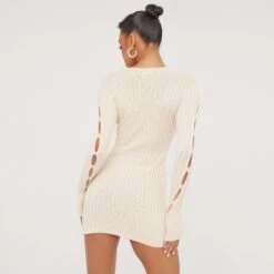 EGO Long Sleeve Cut Out Cross Detail Mini Bodycon Dress In Stone Knit -Sperrryego Store 24 01 23 jul50411 s