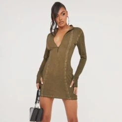 EGO Long Sleeve Seam Detail Zip Front Mini Bodycon Dress In Acid Wash Khaki