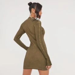 EGO Long Sleeve Seam Detail Zip Front Mini Bodycon Dress In Acid Wash Khaki -Sperrryego Store 24 01 23 jul50484 s
