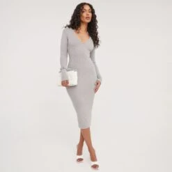 EGO Long Sleeve Notch Detail Midi Bodycon Dress In Grey Ribbed