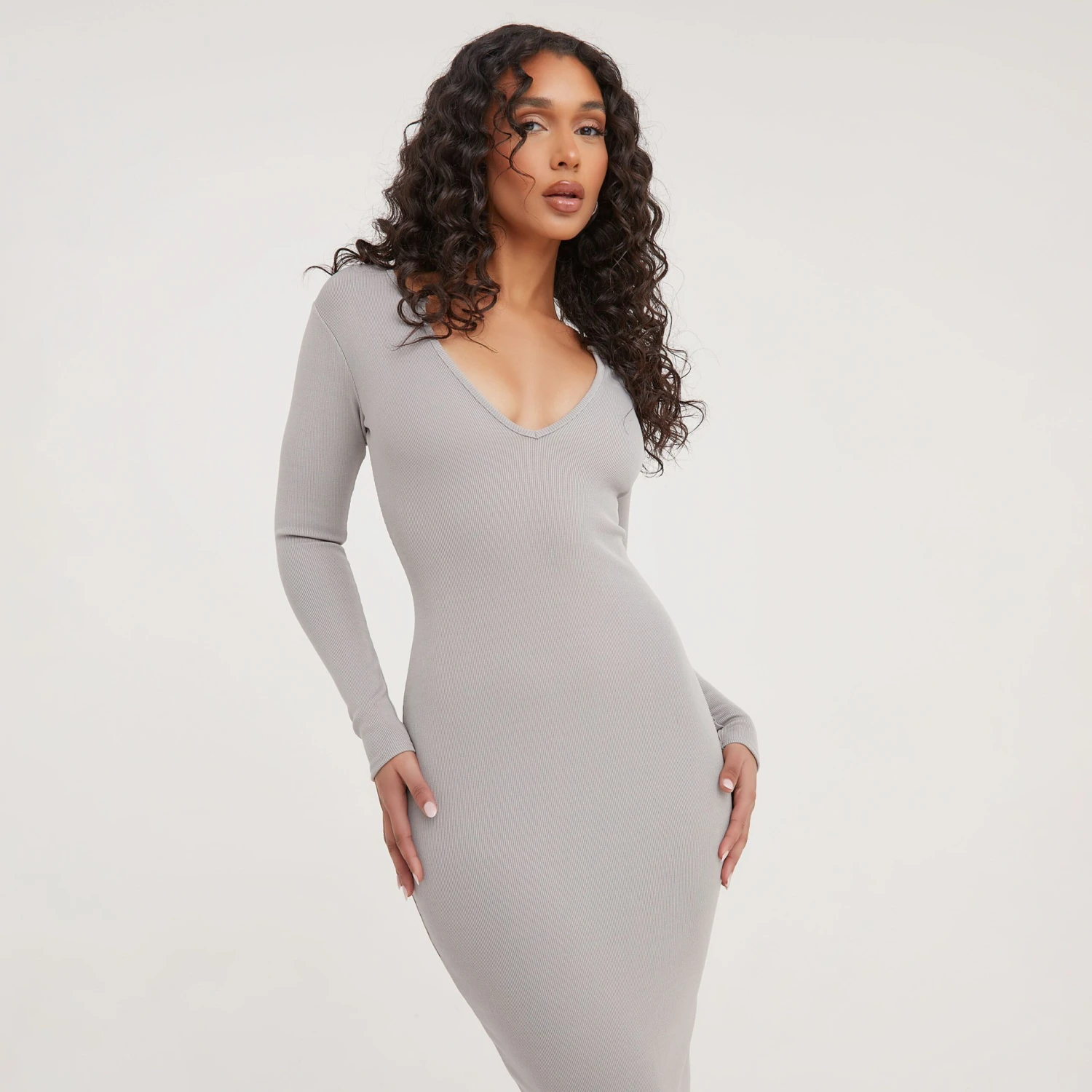 EGO Long Sleeve Notch Detail Midi Bodycon Dress In Grey Ribbed 6 EGO Long Sleeve Notch Detail Midi Bodycon Dress In Grey Ribbed - Image 4