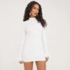 EGO Long Sleeve High Neck Feather Trim Detailing Mini Bodycon Dress In White