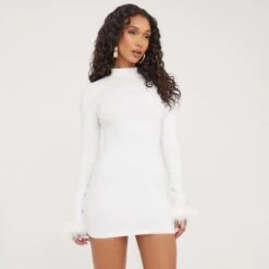 EGO Long Sleeve High Neck Feather Trim Detailing Mini Bodycon Dress In White