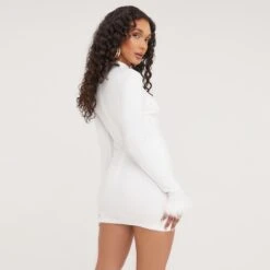 EGO Long Sleeve High Neck Feather Trim Detailing Mini Bodycon Dress In White -Sperrryego Store 24 02 23 nahome62459 s