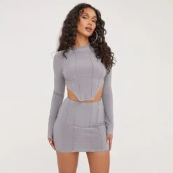 EGO High Neck Long Sleeve Seam Detail Dipped Hem Crop Top In Grey Slinky
