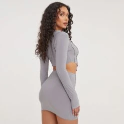EGO High Neck Long Sleeve Seam Detail Dipped Hem Crop Top In Grey Slinky -Sperrryego Store 24 02 23 nahome62588 s