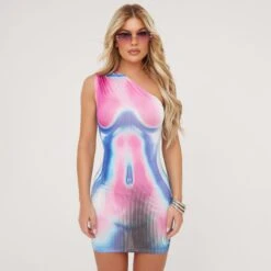 EGO One Shoulder Body Print Mini Bodycon Dress In Blue Multi