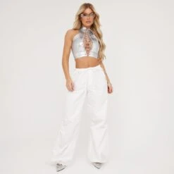 EGO High Neck Sleeveless Lace Up Front Detail Crop Top In Silver Metallic -Sperrryego Store 25 04 23 em89694 s