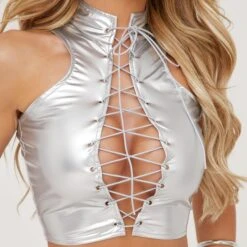 EGO High Neck Sleeveless Lace Up Front Detail Crop Top In Silver Metallic -Sperrryego Store 25 04 23 em89709 s