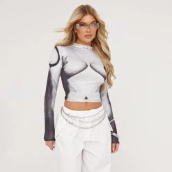 EGO Long Sleeve Body Heat Printed Top In Grey Multi