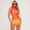EGO Sleeveless High Neck Asymmetric Hem Mini Bodycon Dress In Orange Ombre -Sperrryego Store 25 04 23 em90084 sq