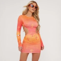 EGO Long Sleeve Strap Detail Open Back Cross Print Mini Bodycon Dress In Orange -Sperrryego Store 25 04 23 em90108 sq