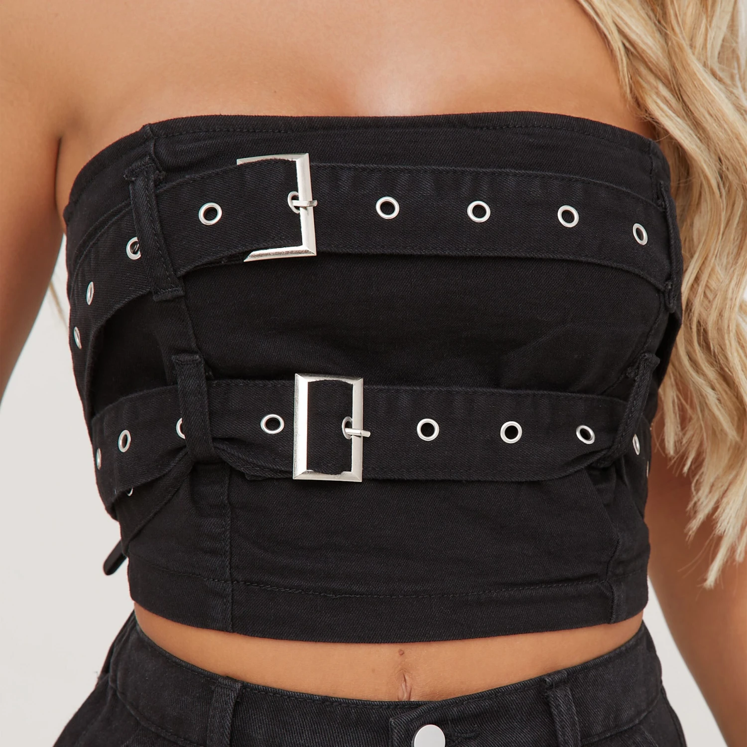 EGO Bandeau Buckle Detail Top In Black Denim 4 EGO Bandeau Buckle Detail Top In Black Denim - Image 2