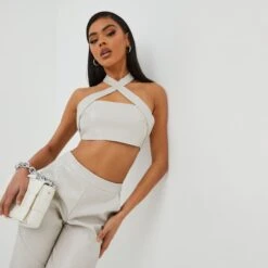 EGO Cross Strap Cut Out Halterneck Crop Top In Stone Croc Print Faux Leather -Sperrryego Store 25 10 22 jul15551