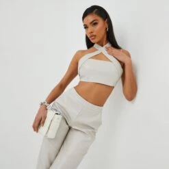 EGO Cross Strap Cut Out Halterneck Crop Top In Stone Croc Print Faux Leather