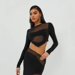 EGO Long Sleeve Contrast Swirl Detail Dipped Hem Crop Top In Black Mesh And Slinky