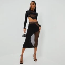 EGO High Waist Contrast Swirl Detail Midi Bodycon Skirt In Black Mesh And Slinky