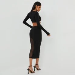 EGO High Waist Contrast Swirl Detail Midi Bodycon Skirt In Black Mesh And Slinky -Sperrryego Store 25 10 22 jul15724 sq